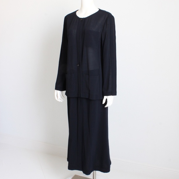 Chanel Jacket + Skirt Suit 2pc Sheer Wool Crepe Button Front Navy Blue 99P HTF - Picture 8 of 10